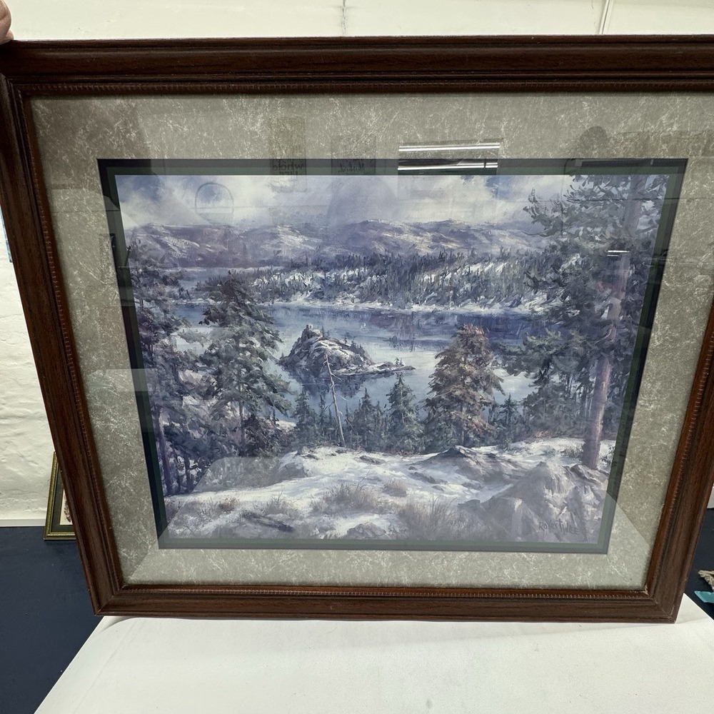 Robert Wee Sierra Mountain Alpine Lake Wood Framed Matted 26x22Landscape Vintage